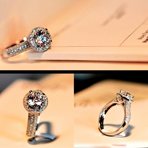 Brilliant Cut Halo Pave Diamonds Vintage Ring - Picture 3 of 6